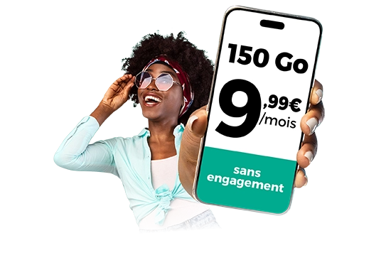 image personne présentant la promotion sur le forfait 150 gigas à 9,99€ par mois sans engagement